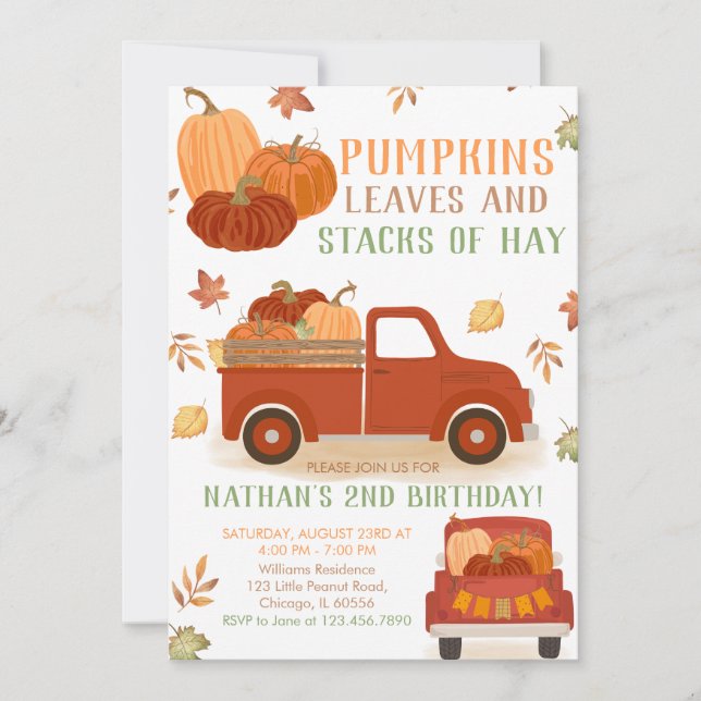 Pumpkins Leaves and Stacks of Hay Birthday Invitation (Front)