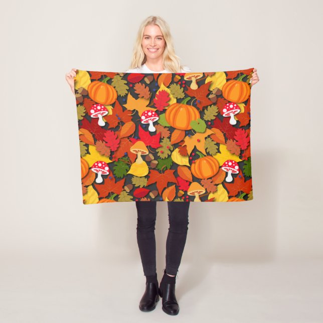 Pumpkins Leaves and Toadstools Fleece Blanket (In Situ)