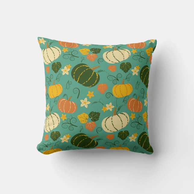 Pumpkins, leaves: autumn vegetable pattern throw pillow (Front)