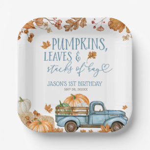 Pumpkins Leaves & Stacks of Hay Boy Paper Plate