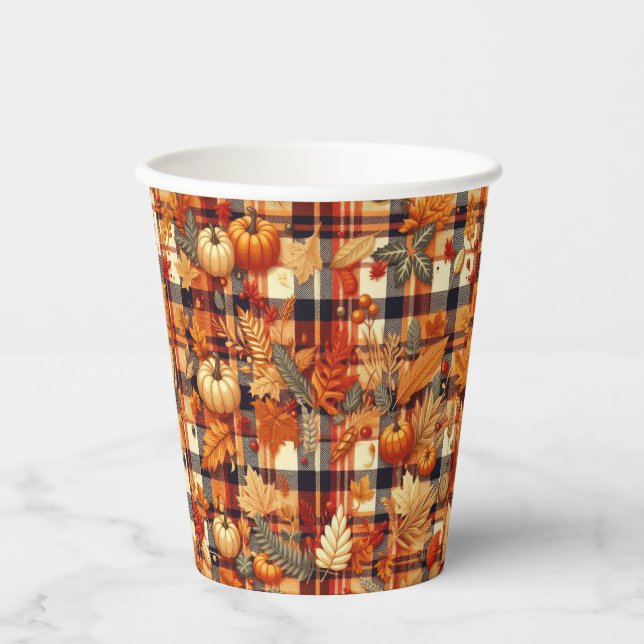 Pumpkins Maple Leaves Autumn Plaids  Paper Cups (Front)