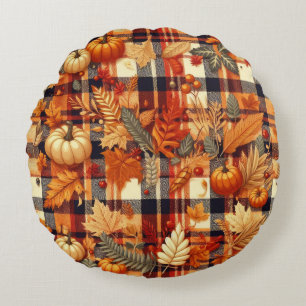 Pumpkins Maple Leaves Autumn Plaids Round Pillow