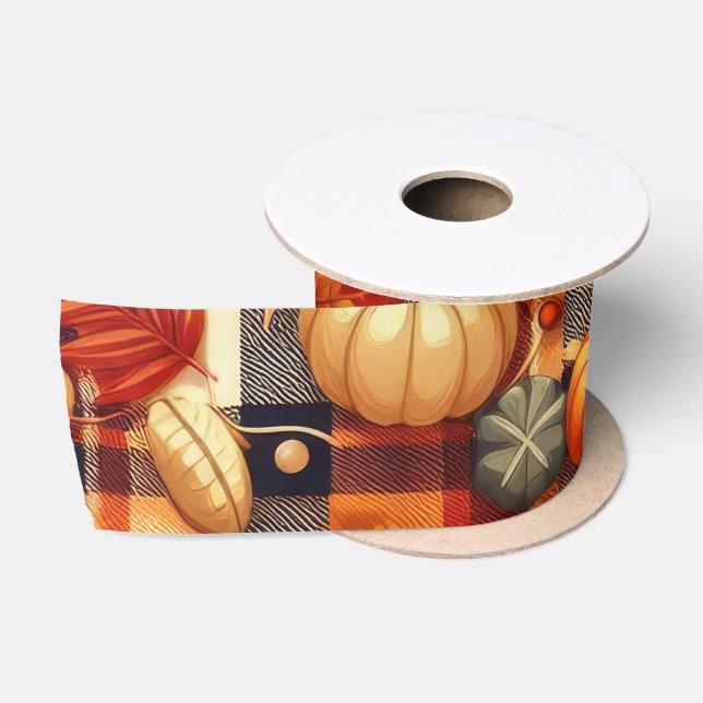 Pumpkins Maple Leaves Autumn Plaids  Satin Ribbon (Spool)