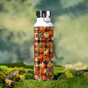 Pumpkins Maple Leaves Autumn Plaids  Water Bottle