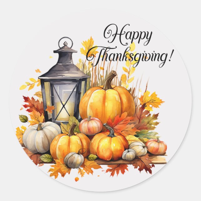 Pumpkins Maple Tree Leaves Lamp Thanksgiving Classic Round Sticker (Front)