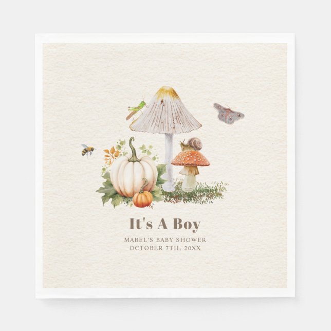 Pumpkins Mushroom Woodland Insects Boy Baby Shower Napkin (Front)