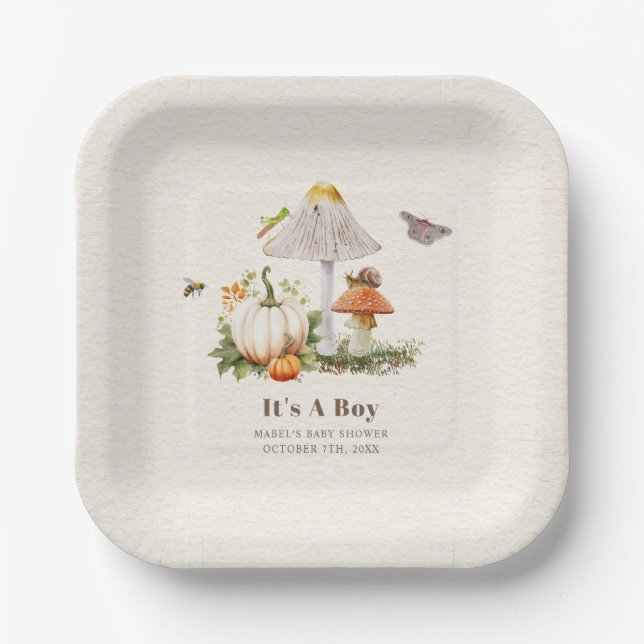 Pumpkins Mushroom Woodland Insects Boy Baby Shower Paper Plate (Front)