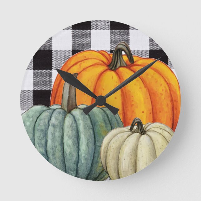 Pumpkins on Black and white gingham plaid Fall Round Clock (Front)