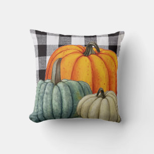 Pumpkins on Black and white gingham plaid Fall  Throw Pillow