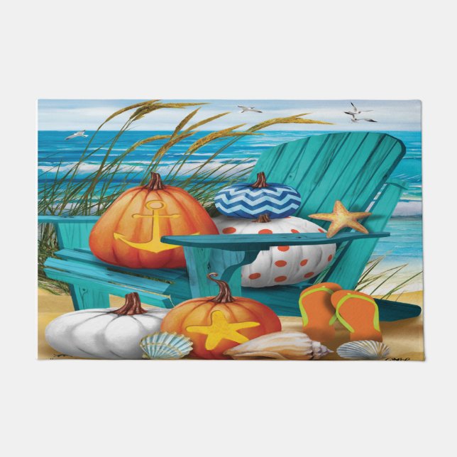 pumpkins on the beach seashell nautical doormat (Front)