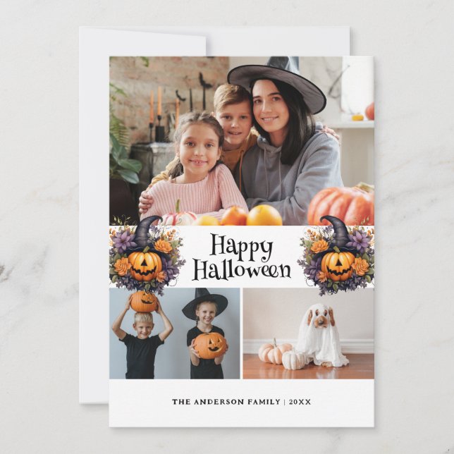 Pumpkins Purple Orange Floral Photo Halloween Card (Front)