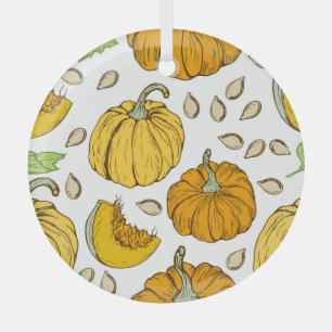 Pumpkins Retro Sketch: Thanksgiving Pattern. Glass Ornament