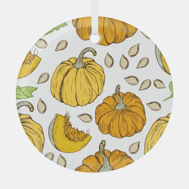Pumpkins Retro Sketch: Thanksgiving Pattern. Glass Ornament (Front)