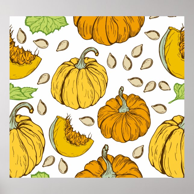 Pumpkins Retro Sketch: Thanksgiving Pattern. Poster (Front)