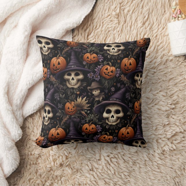 Pumpkins Skulls Flowers Halloween   Throw Pillow (Blanket)