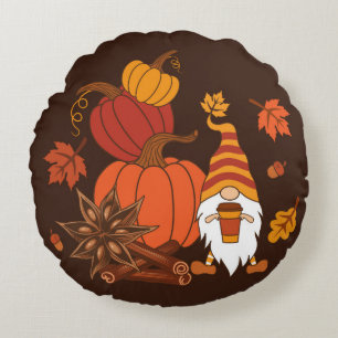 Pumpkins, star anise, cinnamon sticks, autumn leav round pillow
