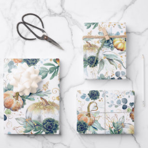 Pumpkins Succulents Gold Greenery Eucalyptus Fall Wrapping Paper Sheet