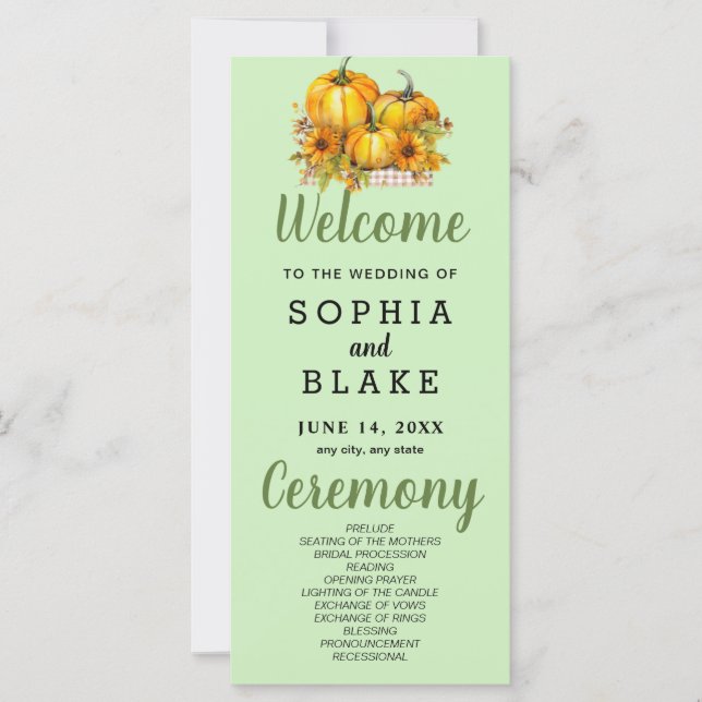 Pumpkins & Sunflowers Fall Green Wedding Program (Front)