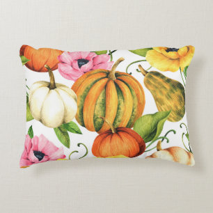 Pumpkins Sunflowers: Watercolor Pattern Design Accent Pillow