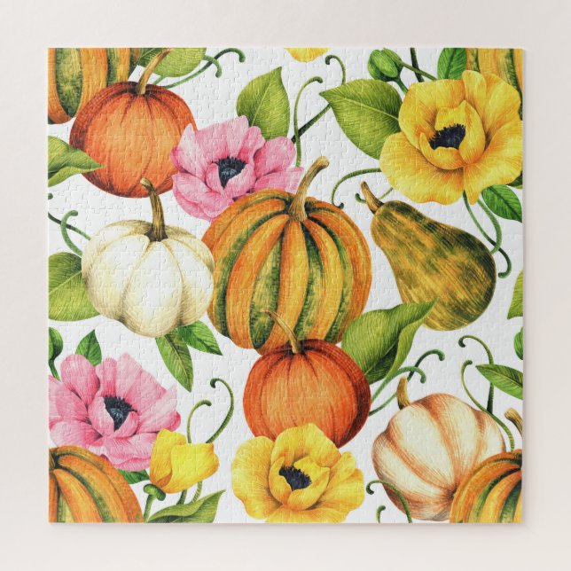 Pumpkins Sunflowers: Watercolor Pattern Design Jigsaw Puzzle (Vertical)