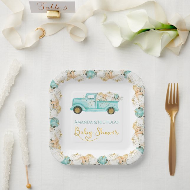 Pumpkins Truck Green Gold Baby Shower  Paper Plate (Wedding)
