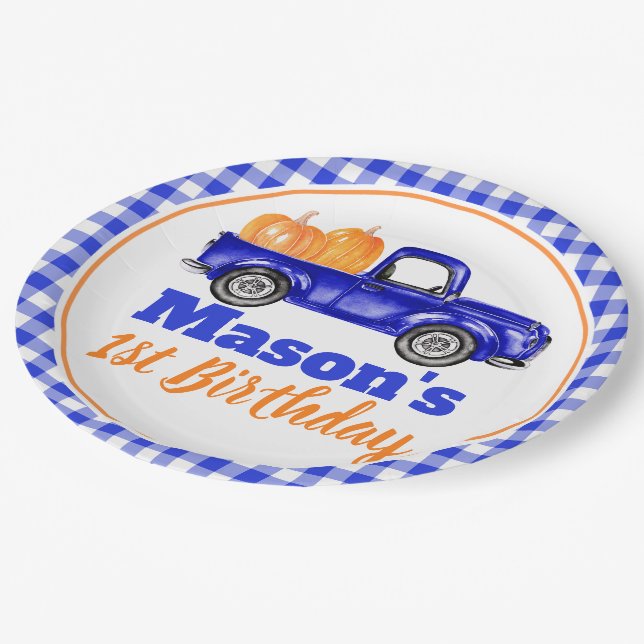 Pumpkins Truck Pumpkin Patch - Blue Truck Paper Plate (Angled)
