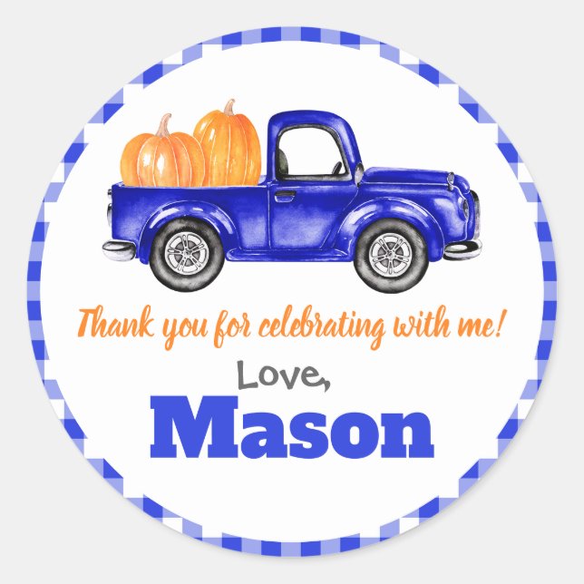 Pumpkins Truck Pumpkin Patch - Blue Truck Round Classic Round Sticker (Front)