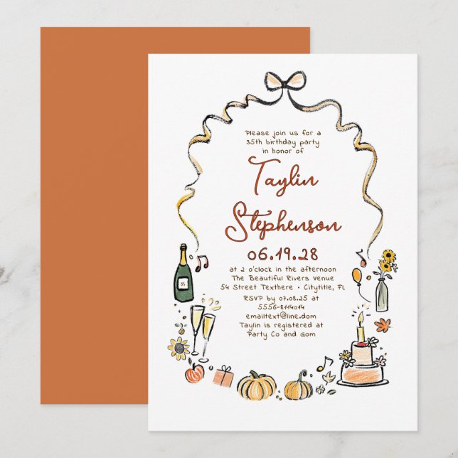 Pumpkins Whimsical Funky Hand Drawn Fall Birthday Invitation (Front/Back)