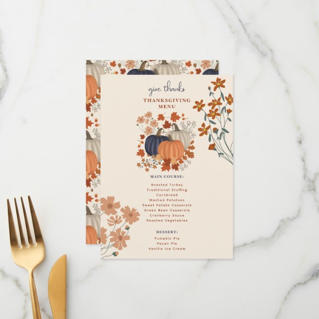 Pumpkins Wildflowers Thanksgiving Dinner Menu (Front/Back In Situ)