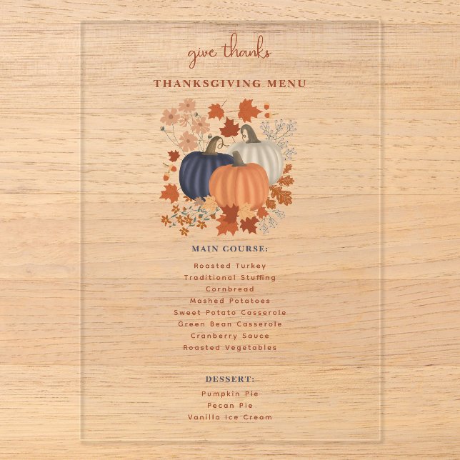 Pumpkins Wildflowers Thanksgiving Dinner Menu Acrylic Invitations (Front)