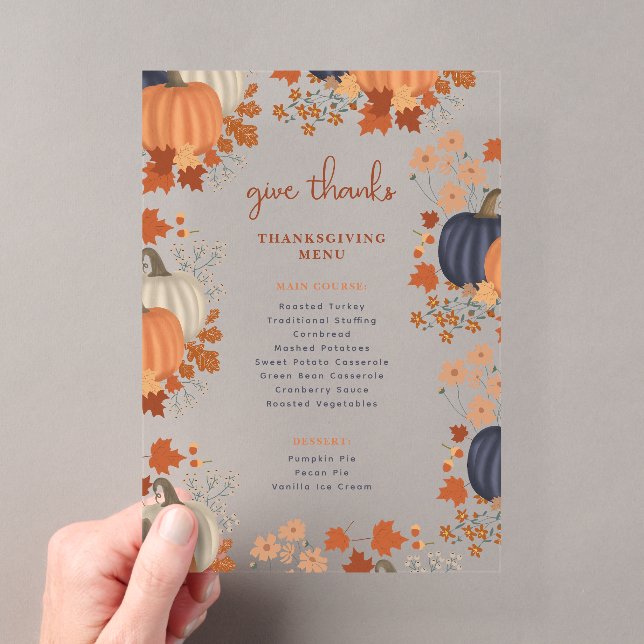 Pumpkins Wildflowers Thanksgiving Dinner Menu Acrylic Invitations (Insitu (Handheld))