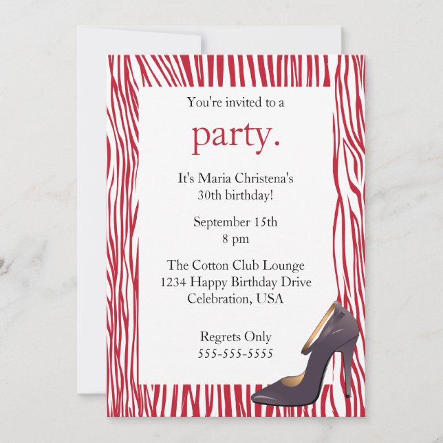 Pumps and Zebra Ladies Night Out Invitation (Red) (Front)