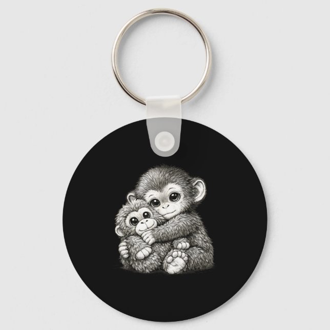 Punch a monkey with teddy bear cuddling meme keychain (Front)
