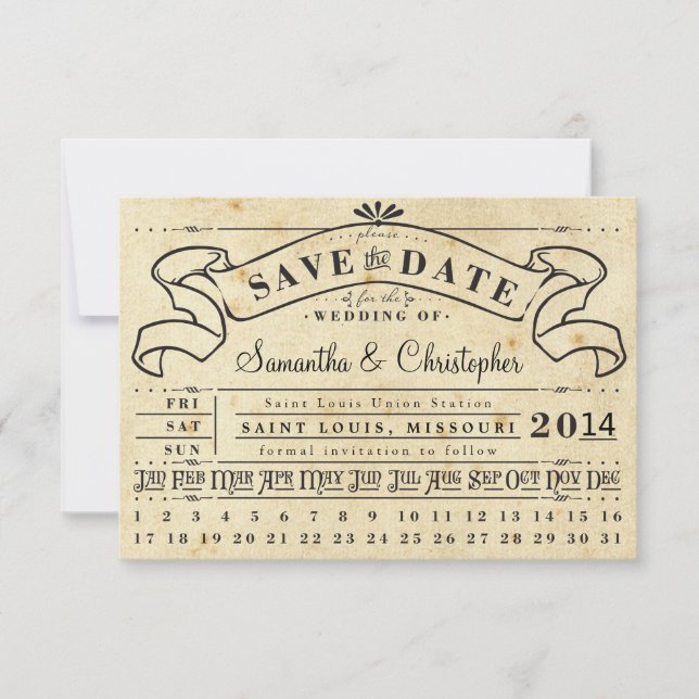 Punch Card Vintage Ticket Banner Save the Date (Front)