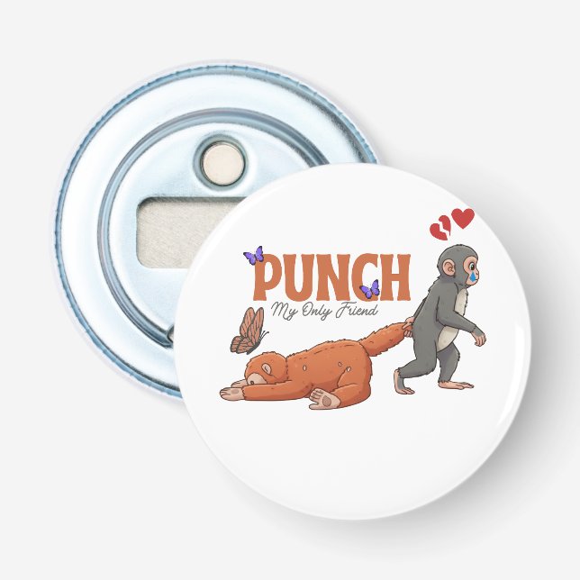 ‏Punch‑kun & Plush Monkey – Kawaii for Kids Bottle Opener (Front)