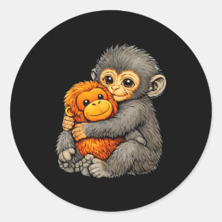 Punch monkey funny cute baby animal hugging plush  classic round sticker