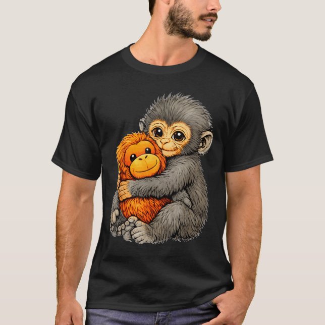 Punch monkey funny cute baby animal hugging plush  T-Shirt (Front)