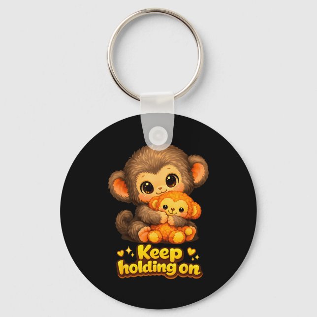 Punch monkey with teddy bear cuddling keep holding keychain (Front)