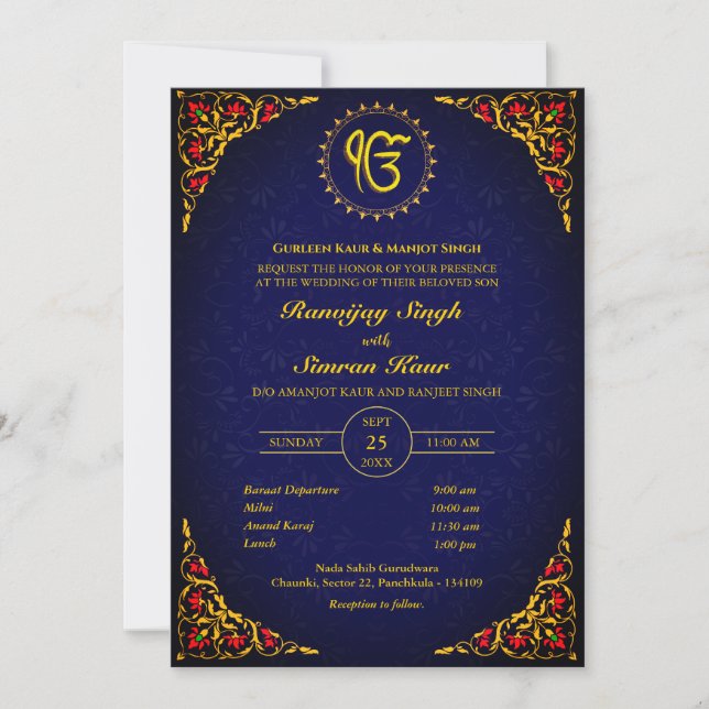 Punjabi Sikh Wedding Anand Karaj Golden Invitation (Front)