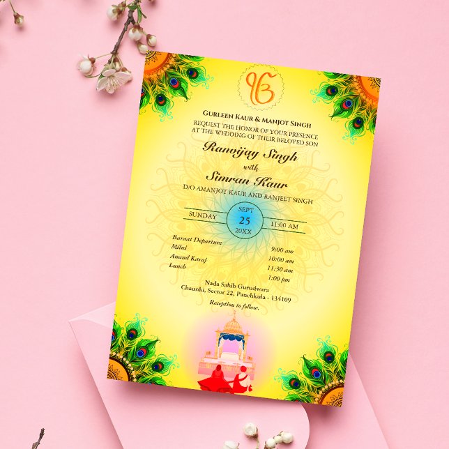 Punjabi Sikh Wedding Anand Karaj Peacock Feather Invitation (Creator Uploaded)
