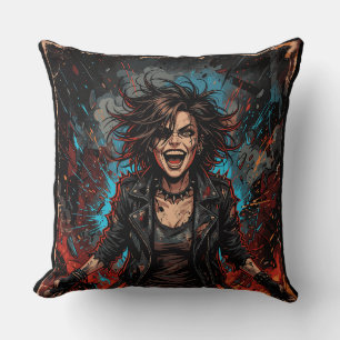 Punk Chaos Girl Explosion   Grunge Rebel Fire Artw Throw Pillow