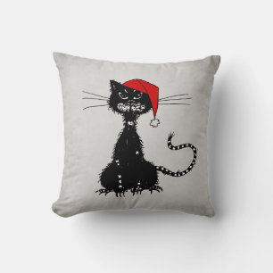 Punk Christmas: Ragged Cat with Santa Hat Goth Throw Pillow