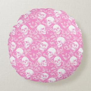 Punk girly Gothic pink skulls & foliage Halloween Round Pillow
