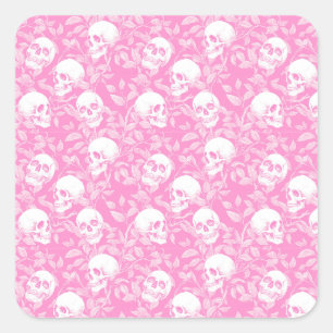 Punk girly Gothic pink skulls & foliage Halloween Square Sticker