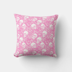 Punk girly Gothic pink skulls & foliage Halloween Throw Pillow