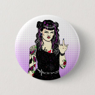 Punk Gothic Girl Flipping the Bird Hand Drawn 2 Inch Round Button