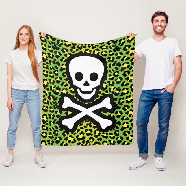Punk-inspired Edgy Green Leopard Print Jolly Roger Fleece Blanket (In Situ)