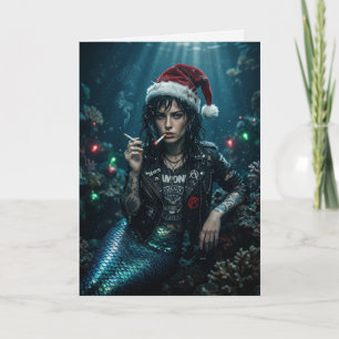Punk Mermaid Santa Cigarette Sarcastic Christmas Card