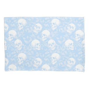 Punk pastel blue Gothic skulls & foliage Halloween Pillowcase