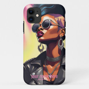 PUNK ROCK BLACK GIRL LEATHER JACKET ART iPhone 11 CASE